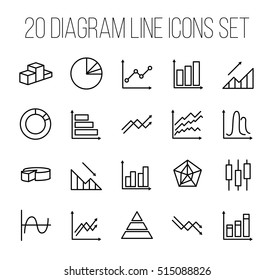 Simple Set of Diagram and Graph Vector Line Icons. Contains such Icons as Trend, Loss, Pie Chart, Round Diagram, Candlestick Chart and more. Editable Stroke. Vector illustration on a white background