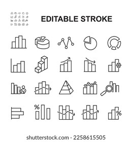 Simple Set of Diagram Related Vector Line Icon. Contains Icons like Bar Chart, Pie chart, Inspection, data search and more. Editable Stroke.
