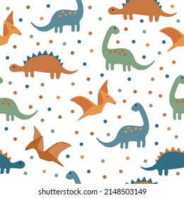 A simple set of dinosaurs. colored dinosaurs and dots. white background. vector illustration. Fashionable print for textiles, wallpaper and packaging.
