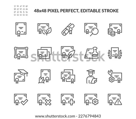 Simple Set of Diploma and Certificate Related Vector Line Icons. Contains such Icons as Licence, Document pack, Search, Costs and more. Editable Stroke. 48x48 Pixel Perfect.