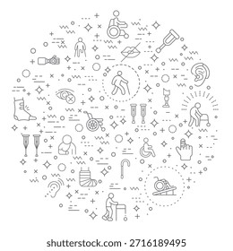 Conjunto simple de Ilustración vectorial relacionada con Personas de discapacidad. Contiene iconos como atención médica para discapacitados, herramientas médicas, equipo, figura de palo, muletas, silla de ruedas, bastón, silla de ruedas eléctrica