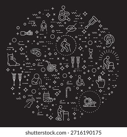 Conjunto simple de Ilustración vectorial relacionada con Personas de discapacidad. Contiene iconos como atención médica para discapacitados, herramientas médicas, equipo, figura de palo, muletas, silla de ruedas, bastón, silla de ruedas eléctrica