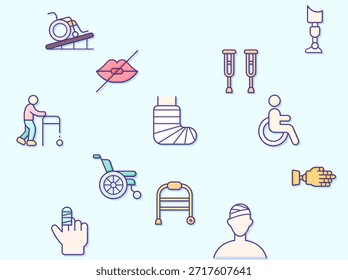 Conjunto simple de iconos de línea de Vector relacionados con Personas de discapacidad. Vector colección de atención médica para discapacitados, herramientas médicas, equipo figura de palo, muletas, silla de ruedas, bastón, silla de ruedas eléctrica, scooter eléctrico o Elementos de logotipo en contorno delgado.
