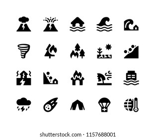 Simple Set of Disaster Related Vector Glyph Icons. Contains such Icons as volcano, eruption, flood, wave, tsunami and More. pixel perfect vector icons based on 32px grid. Well Organized and Layered.