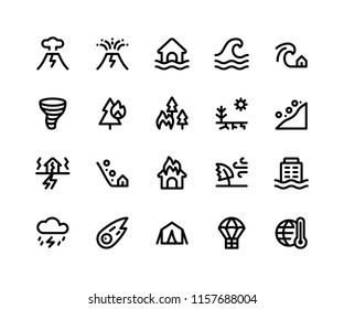 Simple Set of Disaster Related Vector Line Icons. Contains such Icons as volcano, eruption, flood, wave, tsunami and More. pixel perfect vector icons based on 32px grid editable strokes. 