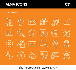 Conjunto simple de iconos de línea de vectores relacionados con descuento. Contiene íconos como Precio de Descuento, Oferta, Venta, Cupón, Recorte de Precios, Cinta con Signo de Porcentaje, Código de promoción y más. 64x64 Pixel Perfecto.