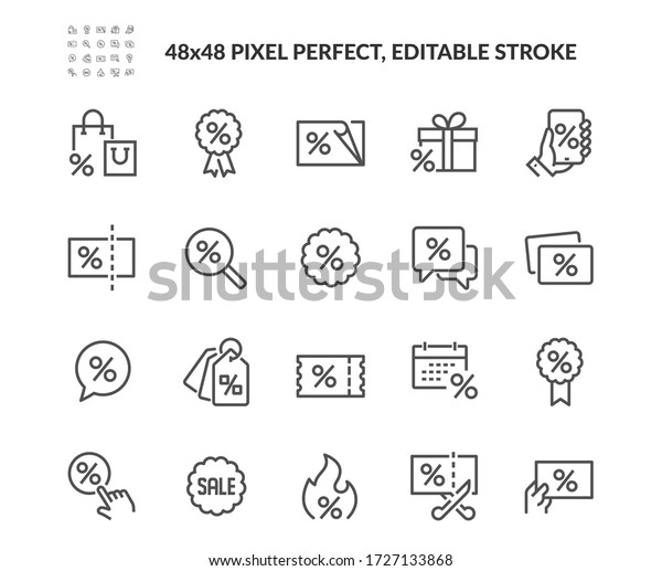 Simple Set of Discount\
Related Vector Line Icons. Contains such Icons as Coupon, Ribbon\
with Percent Sign, Discount Code and more. Editable Stroke. 48x48\
Pixel Perfect.