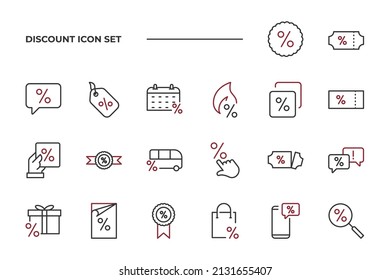 simple set of Discount vector icons with editable line styles covering Discount Code, Coupon, Ribbon with Percent and other. isolated on white background. 