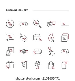 simple set of Discount vector icons with editable line styles covering Discount Code, Coupon, Ribbon with Percent and other. isolated on white background. 