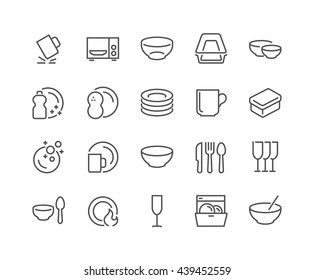Simple Set of Dish and Plates Related Vector Line Icons. 
Contains such Icons as Plate Stack, Wineglass, Detergent, Unbreakable Dishes and more