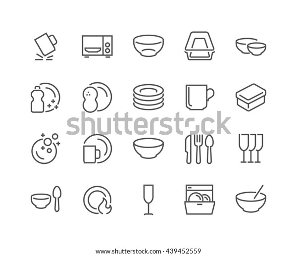 Simple Set of Dish and Plates Related Vector Line\
Icons. \
Contains such Icons as Plate Stack, Wineglass, Detergent,\
Unbreakable Dishes and\
more