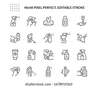 Simple Set of Disinfection and Cleaning Related Vector Line Icons. \nContains such Icons as Man in Disinfection Protective Suite, Sanitizer, Spray more. Editable Stroke. 48x48 Pixel Perfect.