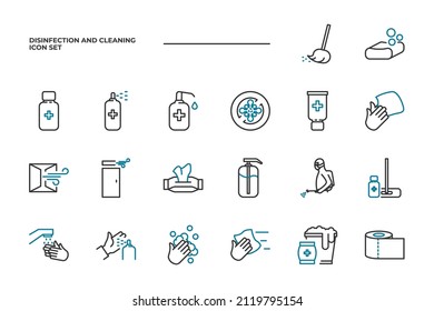 simple set of Disinfection and Cleaning vector icons with editable line styles covering Hand washing, wipes, Sanitizer and other. isolated on white background. 