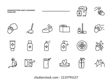 simple set of Disinfection and Cleaning vector icons with editable line styles covering Hand washing, wipes, Sanitizer and other. isolated on white background. 