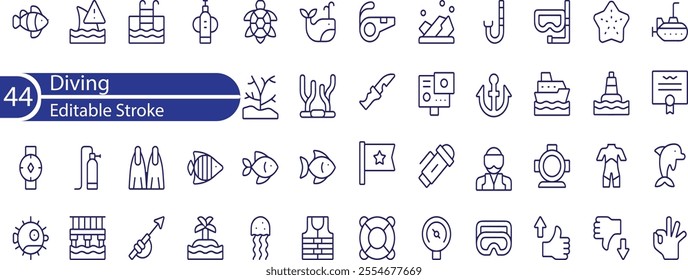 Simple Set of Diving Related Vector Line Icons. Contains such Icons as Equipment, Snorkeling, Diving Certificate and more