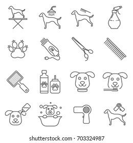 Simple Set of dog grooming Related Vector Line Icons. Contains such Icons as dog-grooming, washing, teeth brushing, nail trimming and more.    