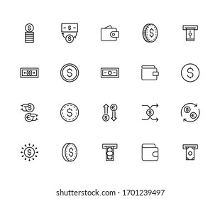 Einfache Sammlung von Dollar-Symbolen im trendigen Linienstil. Moderne Vektorillustration-Symbole einzeln auf weißem Hintergrund. Lineare Piktogrammpackung. Kollektion von Line-Icons für Web-Apps und mobiles Konzept.