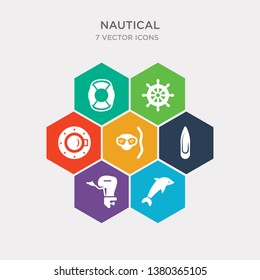 simple set of dolphin, boat engine, surfboard, snorkel icons, contains such as icons porthole, helm, lifesaver and more. 64x64 pixel perfect. infographics vector