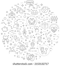 Simple Set of donation and Charity Related Vector Line Illustration. Contains such Icons as blood, heart, save world, love, cross, ribbon, care, volunteer, fund, donor and Other Elements.