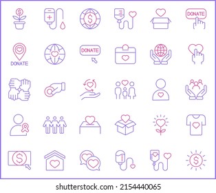 Simple Conjunto de Iconos de Línea Vectora Relacionados con Donaciones. Contiene íconos como Caridad, corazón, amor, cinta, cuidado, símbolos de sangre y más.
