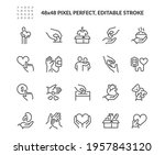 Simple Set of Donations and Charity Related Vector Line Icons. 
Contains such Icons as Help, Box of Clothes, Toys Giveaway and more. Editable Stroke. 48x48 Pixel Perfect.