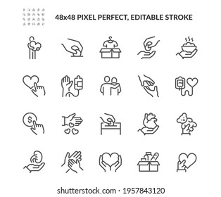 Simple Set of Donations and Charity Related Vector Line Icons. \nContains such Icons as Help, Box of Clothes, Toys Giveaway and more. Editable Stroke. 48x48 Pixel Perfect.