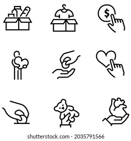 Simple Set Of Donations And Charity Related Vector Line Icons. Contains Such Icons As Help, Box Of Clothes, Toys Giveaway, And More. Monoline Drawing Stroke. 4000 X 4000 Pixels Perfect.