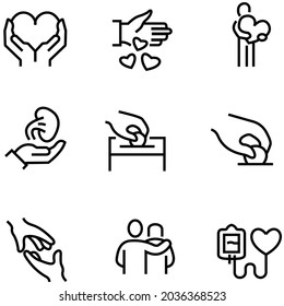 Simple Set of Donations and Charity Related Vector Line Icons. Contains such Icons as Help, Box of Clothes, Toys Giveaway, and more. monoline drawing stroke. pixels perfect.