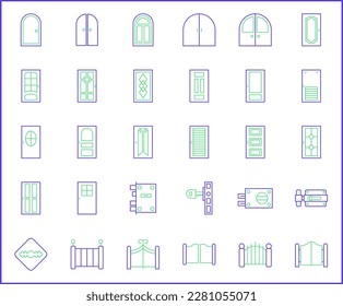 Simple Set of door Related Vector Line Icons. Vector collection of frames, front, entry, exit, doorway, entrance, enter, open, close and design elements symbols or logo element.