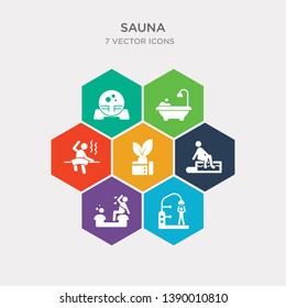 simple set of dousing shower, earth sauna, foot bath, fresh air supply icons, contains such as icons sauna, hamam, hemlock and more. 64x64 pixel perfect. infographics vector