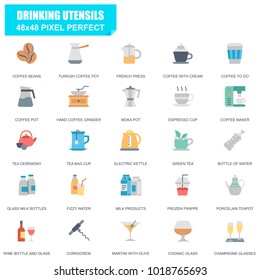 Simple Set of Drinking Utensils Related Vector Flat Icons. Contains such Icons as Turkish Coffee Pot, Kettle, Coffee Maker, Wine Bottle And Glass and more. Editable Stroke. 48x48 Pixel Perfect.