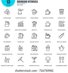 Simple Set of Drinking Utensils Related Vector Line Icons. Contains such Icons as Turkish Coffee Pot, Kettle, Coffee Maker, Wine Bottle And Glass and more. Editable Stroke. 48x48 Pixel Perfect.