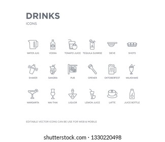 simple set of drinks vector line icons. contains such icons as juice bottle, latte, lemon juice, liquor, mai thai, margarita, milkshake, oktoberfest, opener and more. editable pixel perfect.