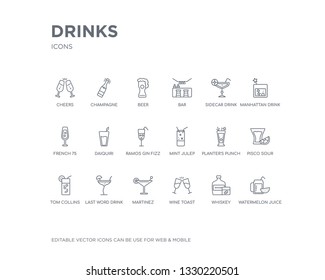 simple set of drinks vector line icons. contains such icons as watermelon juice, whiskey, wine toast, martinez, last word drink, tom collins, pisco sour, planter's punch, mint julep and more.