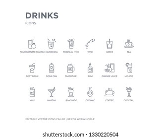 simple set of drinks vector line icons. contains such icons as cocktail, coffee, cognac, lemonade, martini, milk, mojito, orange juice, rum and more. editable pixel perfect.
