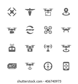 Simple Set of Drone Related Vector Icons. Contains Such Icons as Quadrocopter, Rotor, Radio Antenna, Landing, Remote Control and More.
