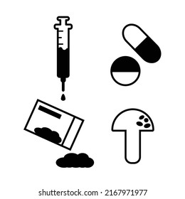 Simple conjunto de Iconos de línea de vectores relacionados con drogas en fondo blanco.