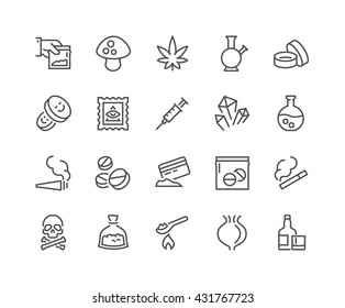 Simple Set of Drugs Related Vector Line Icons. 
Contains such Icons as Marijuana, Cocaine, Heroin, LSD, Extasy and more. 
Editable Stroke. 48x48 Pixel Perfect. 
