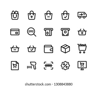 Conjunto simple de iconos de línea de vectores relacionados con el comercio electrónico. Contiene iconos como bolsas de compras, descuento, tienda, etiqueta y más. iconos vectoriales perfectos de píxeles basados en la cuadrícula de 32px. Trazos editables