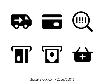 conjunto simple de iconos sólidos vectoriales relacionados con el comercio electrónico contiene iconos como la búsqueda de crédito de tarjeta de camión retirada y más