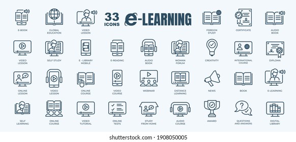 Simple Set Of E- Learning, Online Course And Education Related Vector Line Icons. Contains Thin Icons As E Book, Audio Book, Distance Study And More. Editable Stroke. 48x48 Pixel Perfect