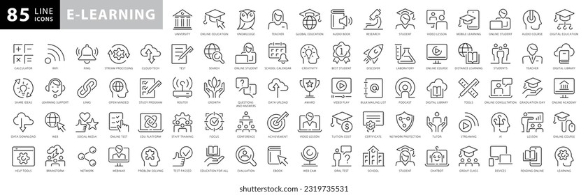 Simple Set of E- Learning, Online Course and Education Related Vector Line Icons. Contains thin Icons as E book, Audio book, Distance Study and more. Editable Stroke svg
