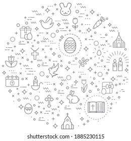 Simple Set of easter and christianity Related Vector Line Illustration. Contains such Icons as eggs, religion, bunny, gifts, spring, rabbit, celebration, decoration, church and Other Elements.