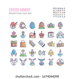 Simple Set of Easter Day Vector Filled Outline Icons. such as Eggs, Hunt, Bunny, Rabbit, Painting, Holiday Sale, Gift, Daisy, Sign, Holy, flower and more.
