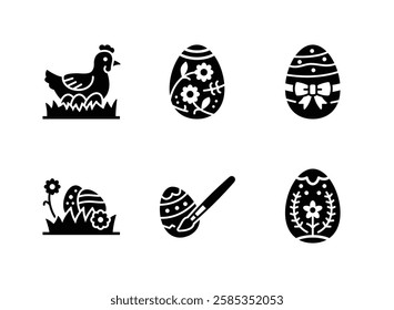 Simple Set of Easter Egg Related Solid Icons. Contains Icons as Chicken, Decorative Egg, Painting and more.