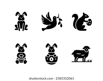 Simple Set of Easter Egg Related Solid Icons. Contains Icons as Bunny, Peace Dove, Squirrel and more.