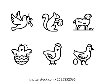 Simple Set of Easter Egg Related Line Icons. Contains Icons as Peace Dove, Squirrel, Sheep and more.