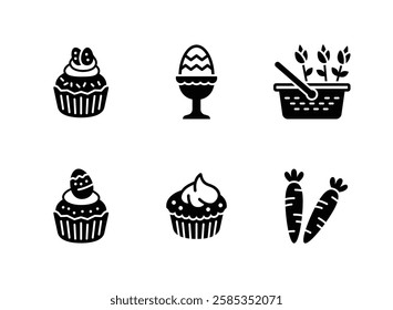 Simple Set of Easter Egg Related Solid Icons. Contains Icons as Cupcake, Egg Stand, Flower Basket and more.