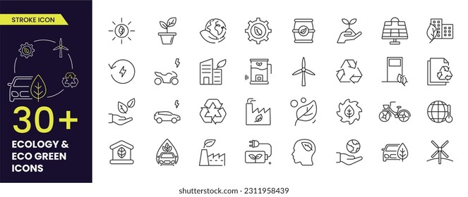 Sencillo conjunto de trazo vectorial Eco Verde (Ecología)Iconos. Contiene iconos como el coche eléctrico, el calentamiento global, la energía solar, el molino eólico y más. Colecciones editables de iconos de Stroke.