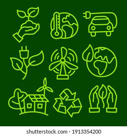 Simple Set of Eco Line Icons. Contains such Icons as Electric Car, Global Warming, Forest, Organic Farming.